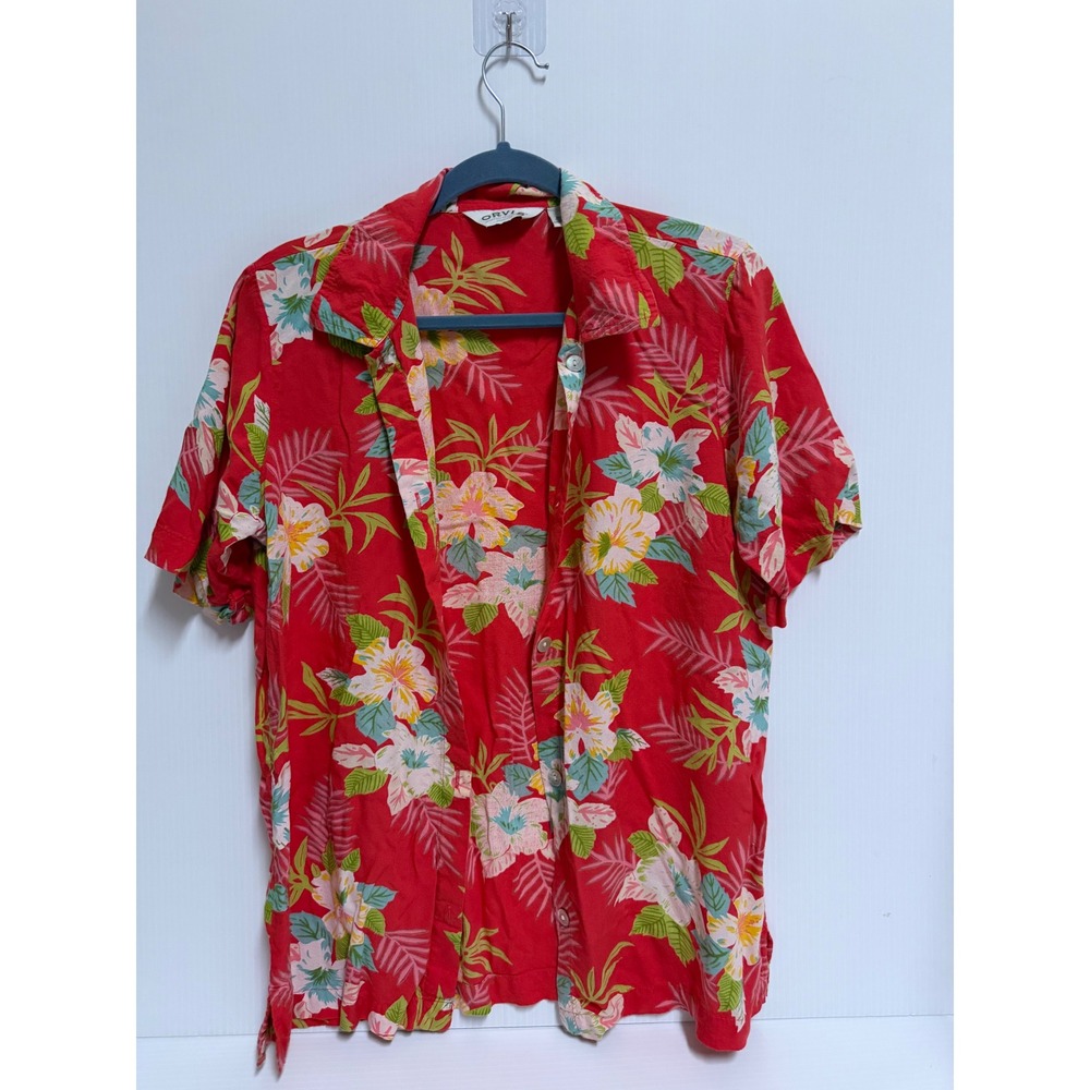 Orvis Mens Red Floral Hibiscus Rayon Short Sleeve Tropical Camp Shirt Medium